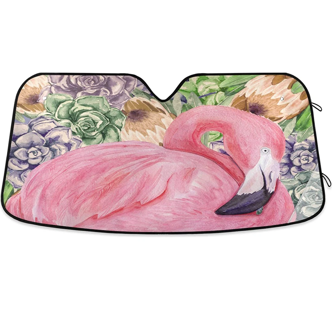 Watercolor Flamingo Tropical Palm Leaves Auto Sun Shade