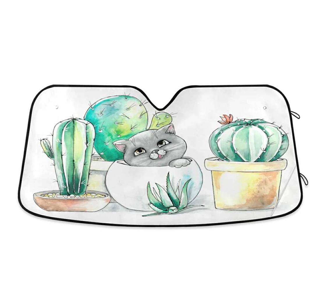Cute Tropical Cactus Cat Watercolor Auto Sun Shade