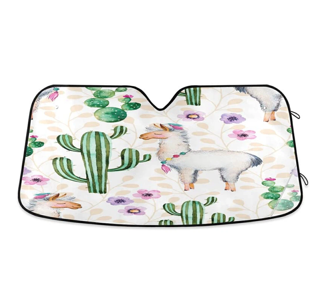 Summer Cactus Alpaca Watercolor Auto Sun Shade