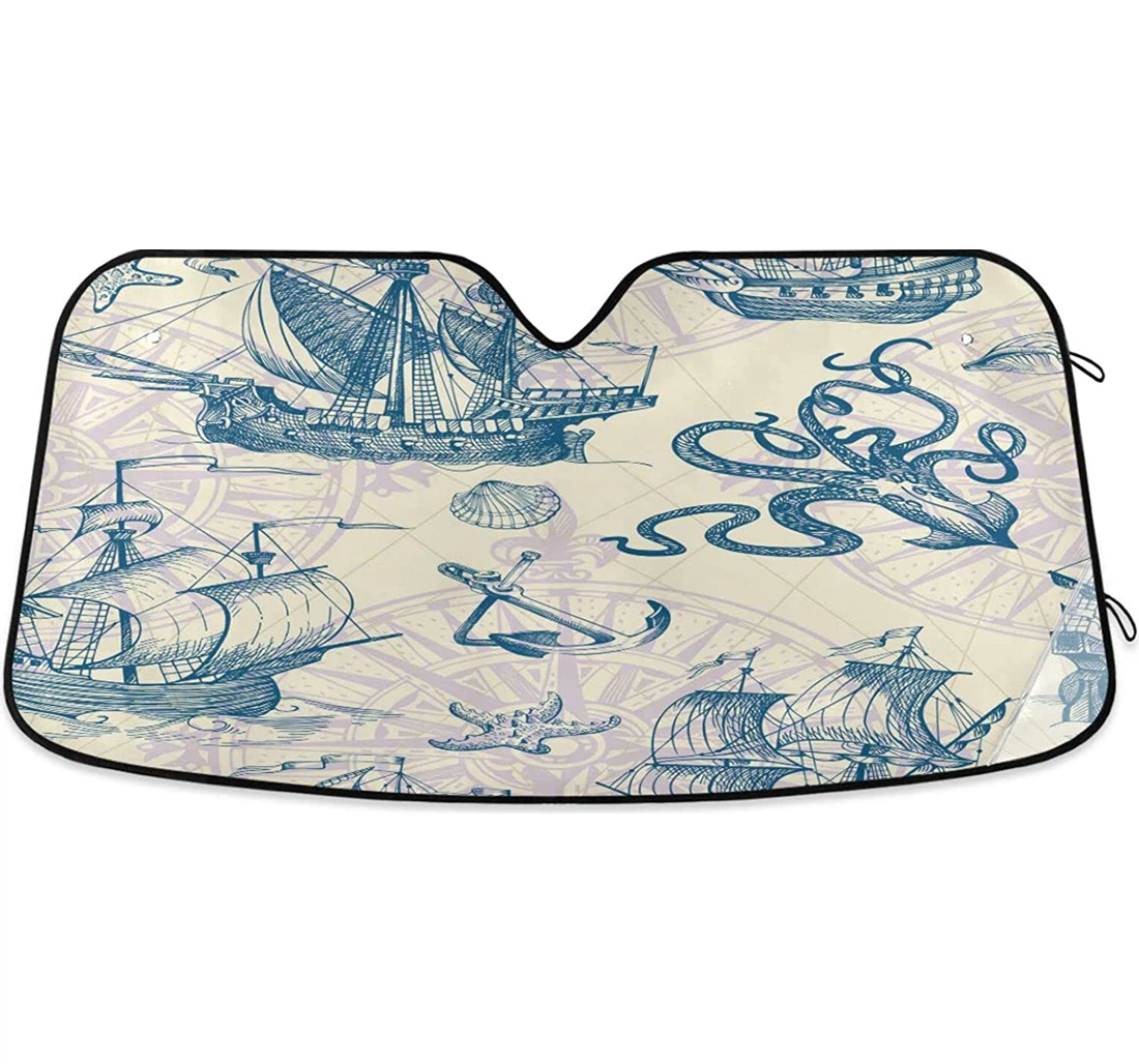 Vintage Nautical Sailboat Sea Monster Auto Sun Shade
