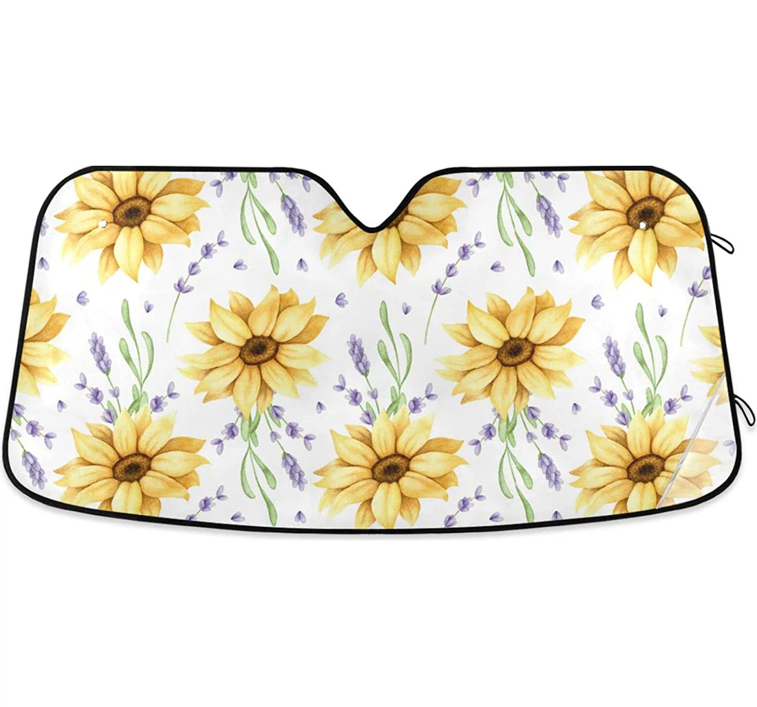 Big Yellow Sunflowers With Violet Purple Lavender Flowers On White Automobile Auto Sun Shade