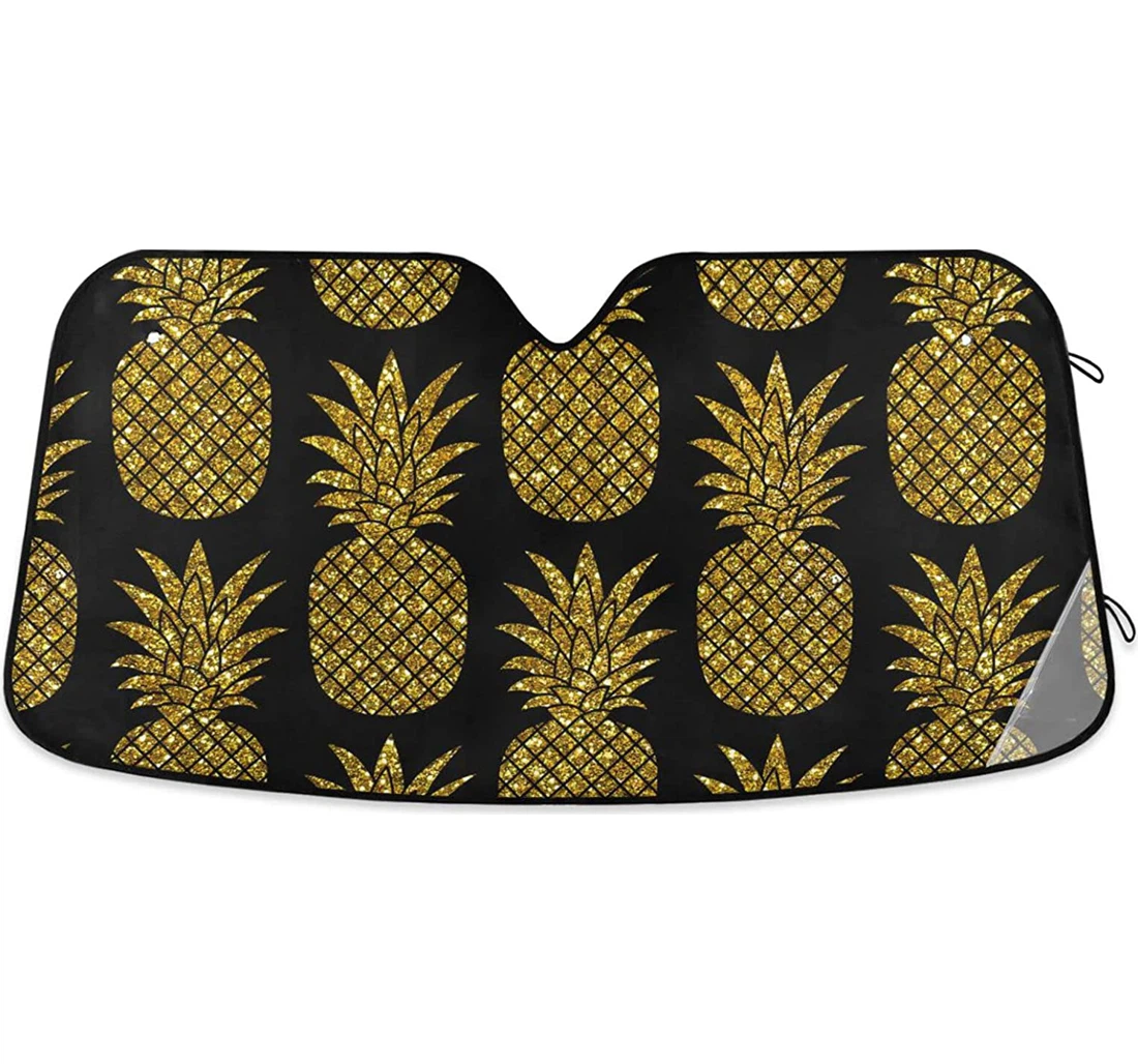 Seamless Pattern With Gold Glitter Pineapples On Black Automobile Auto Sun Shade