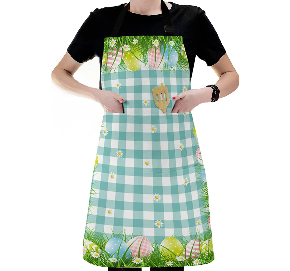 Spring Easter Plaid Farm Grass Colorful Eggs Apron