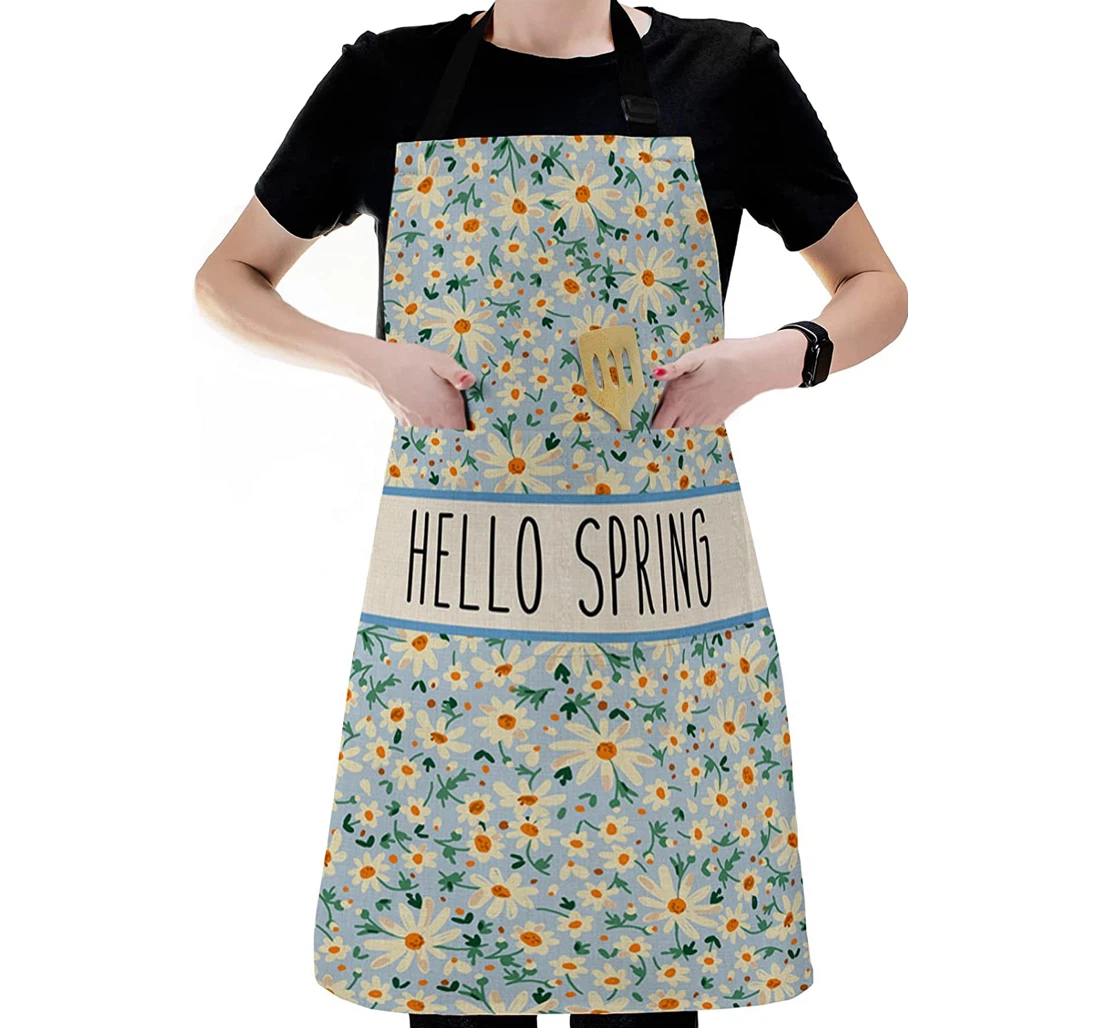 Hello Spring Watercolor White Daisy Flower Tile Apron