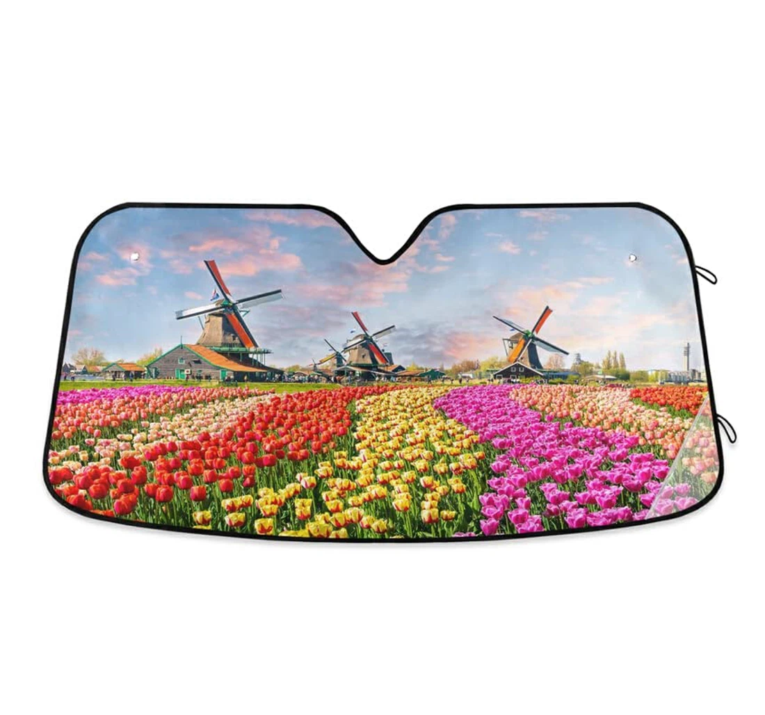Dutch Zaanse Schans Colorful Tulip Windmill Auto Sun Shade