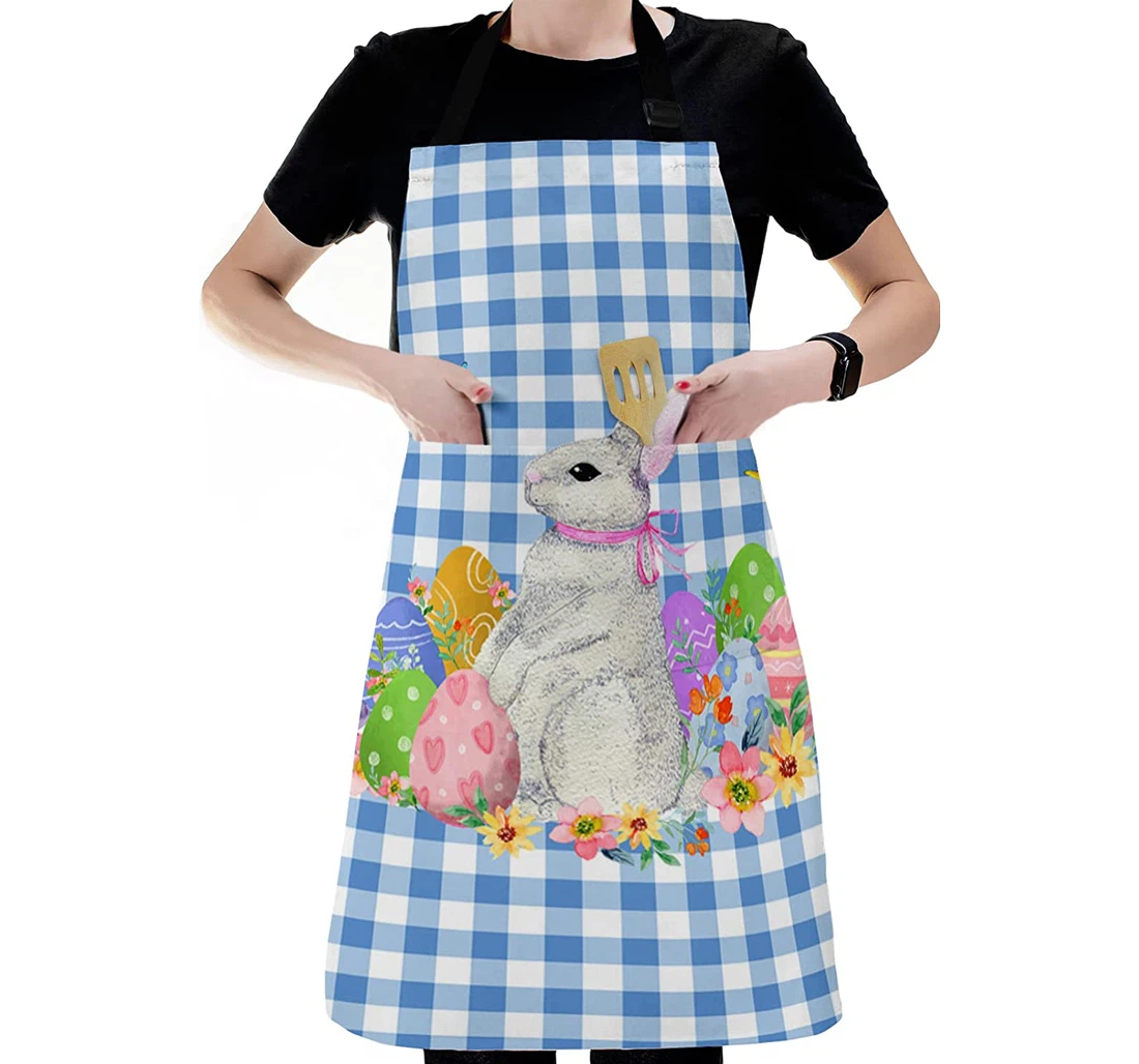 Spring Easter Cute Bunny Colorful Eggs On Plaid Apron