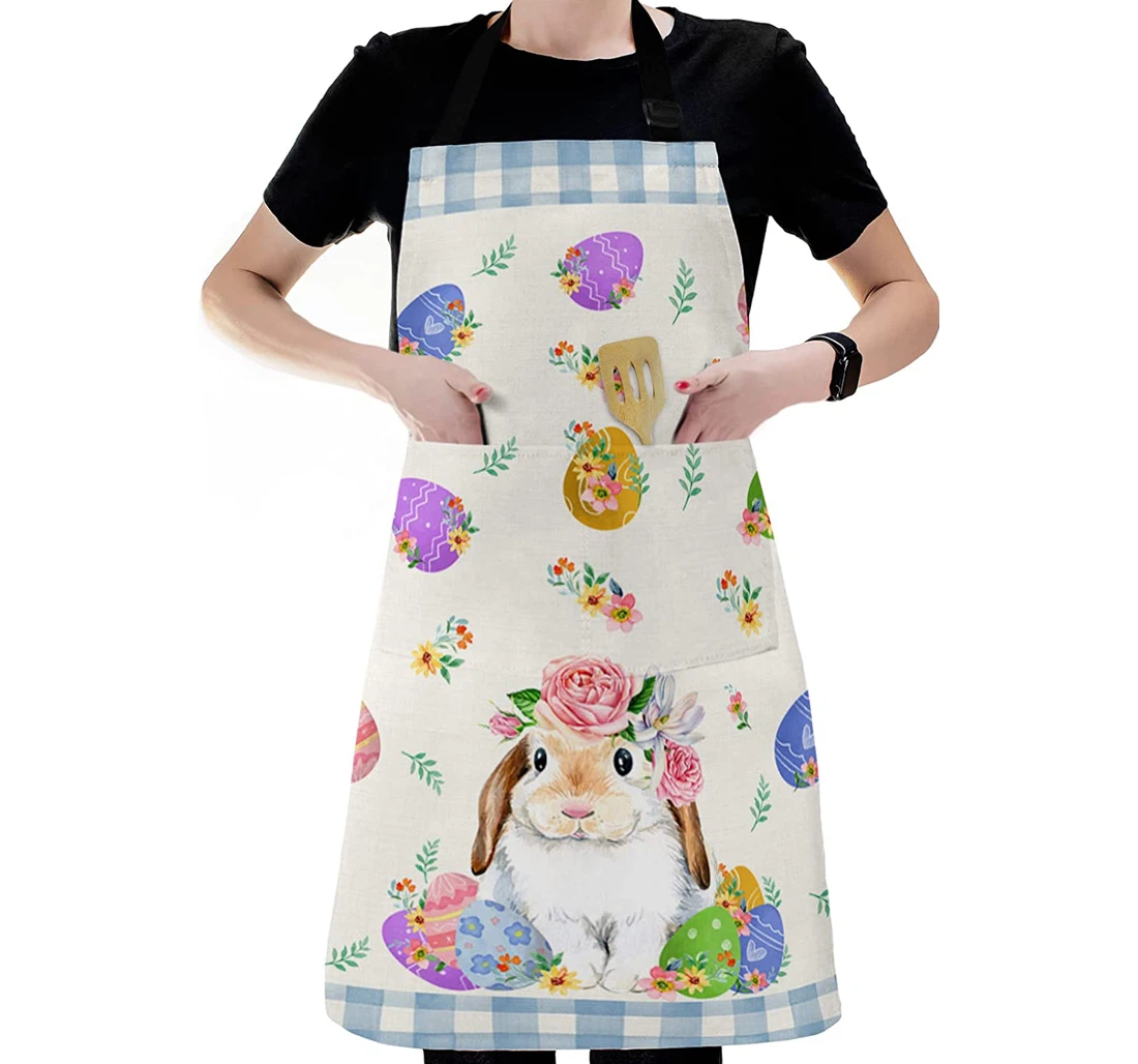 Happy Easter Cartoon Cute Bunny Colorful Eggs Leaf Apron