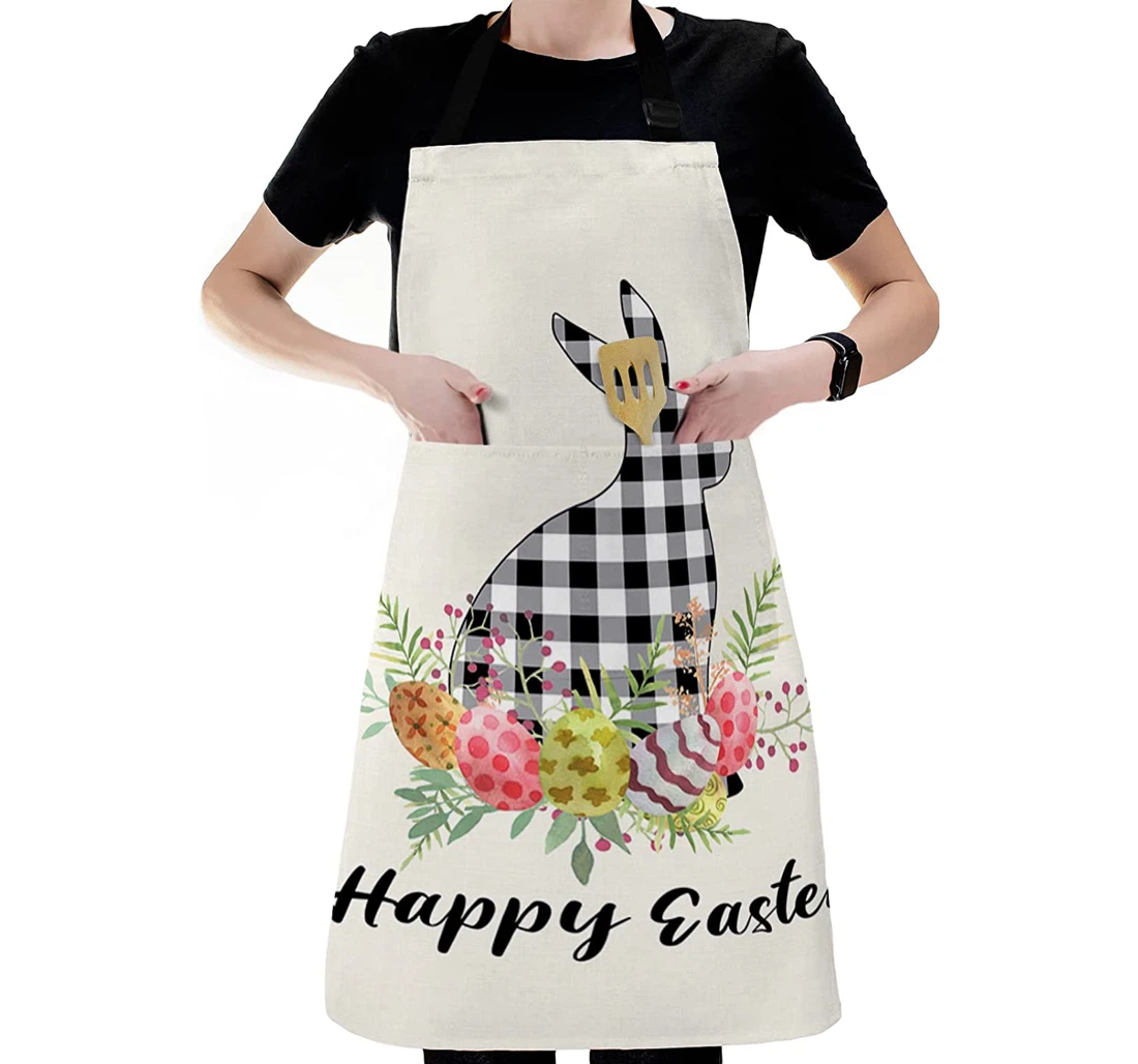 Spring Easter Checker Bunny And Colorful Eggs Leaf Apron