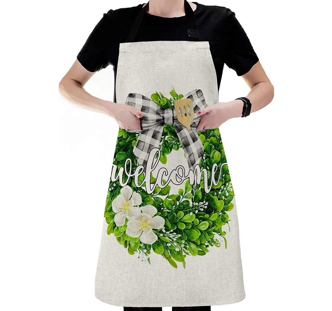 Spring Leaf White Flower Wreath Apron