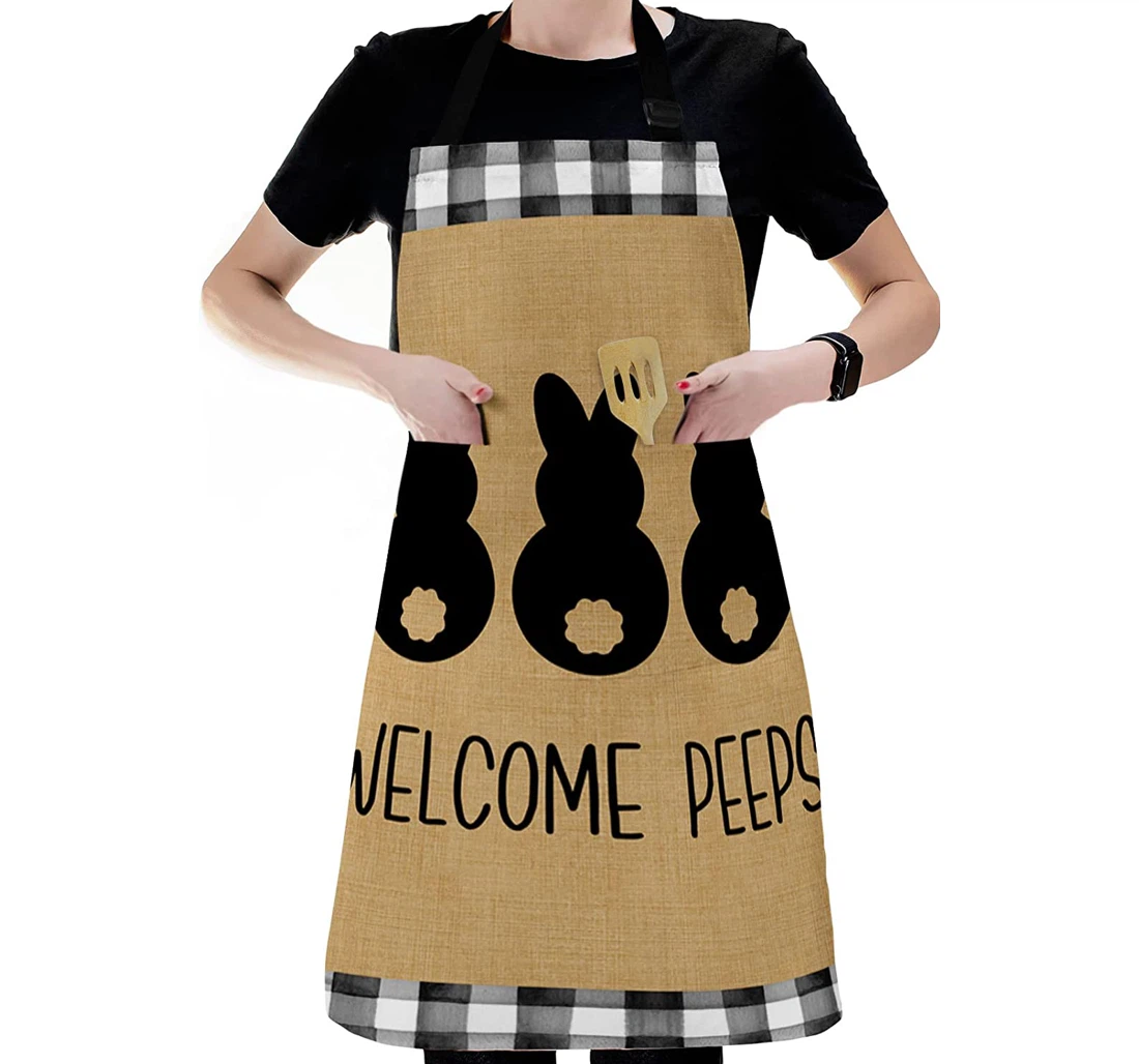 Happy Easter Black Bunny Welcome Texts On Burlap Apron