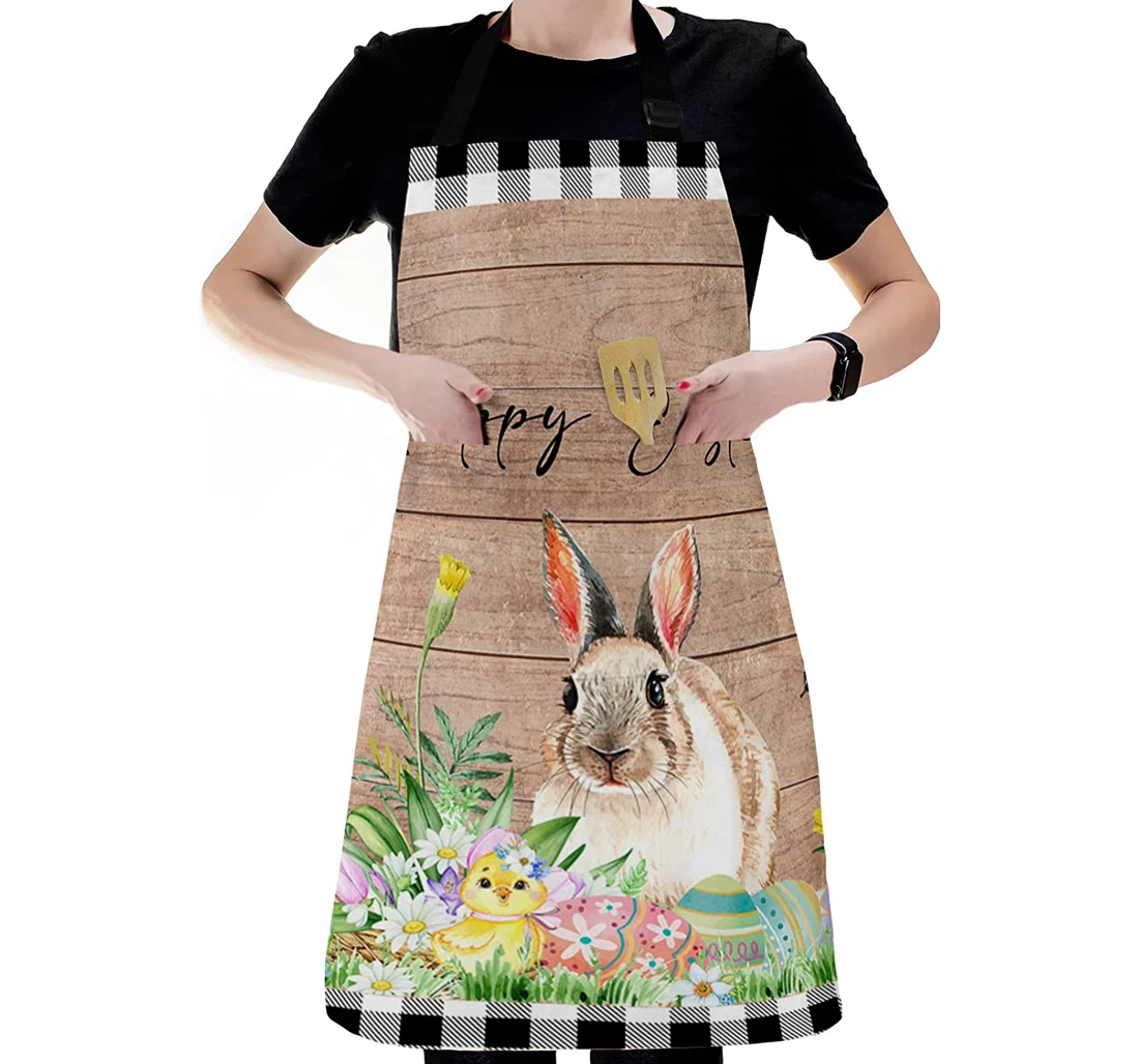 Farmhouse Easter Bunny Yellow Chick Eggs On Wood Board Apron