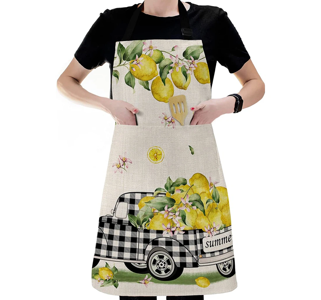 Farmhouse Plaid Truck Yellow Lemons Apron