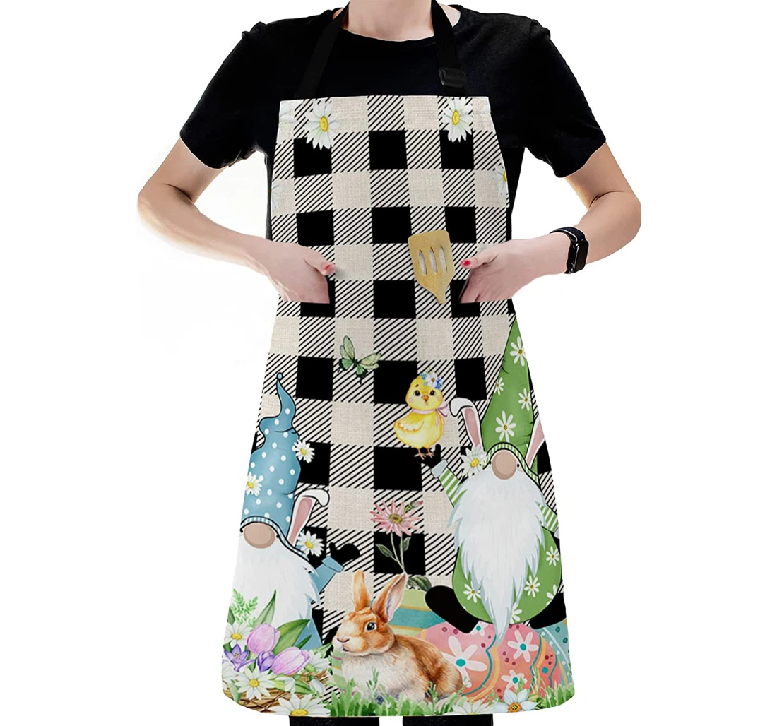 Spring Flower Easter Gnome Cute Elf Buffalo Checker Apron