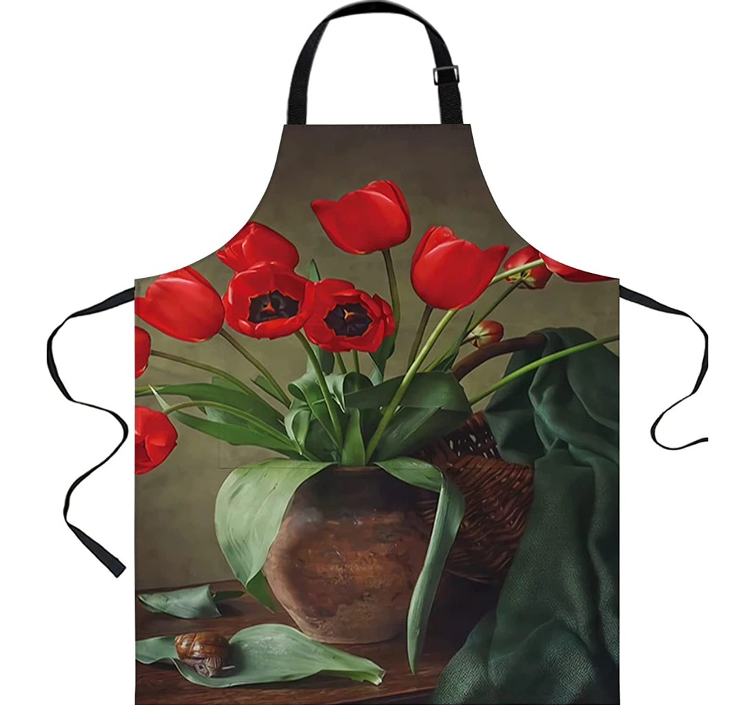 Lily Red Flower Flowerpot Server Chef Apron