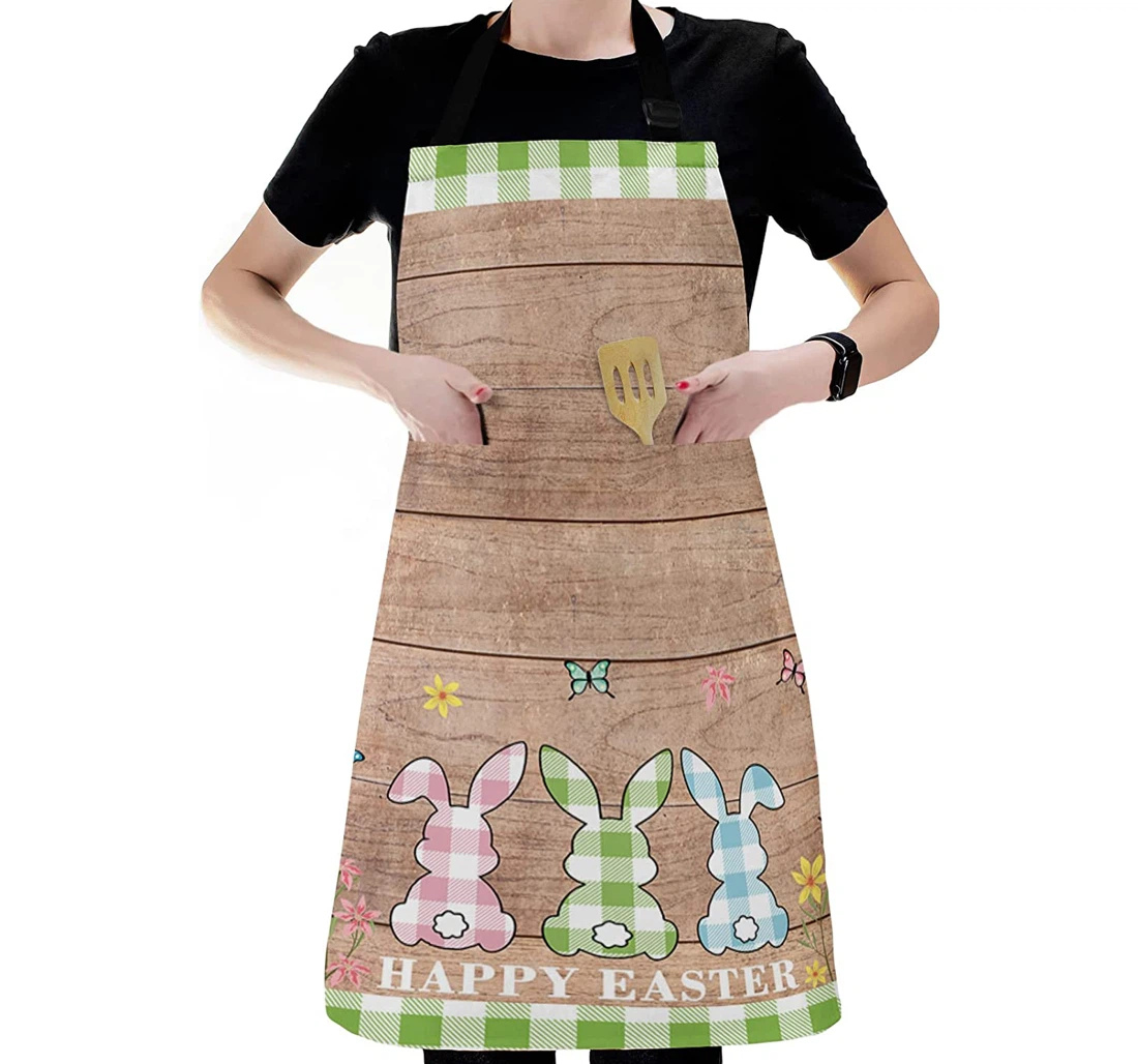 Spring Easter Cartoon Plaid Rabbits Wood Board Apron