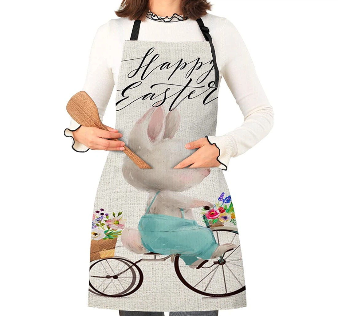 Happy Easter Cartoon Bunny Ride Bike Country Flower Apron