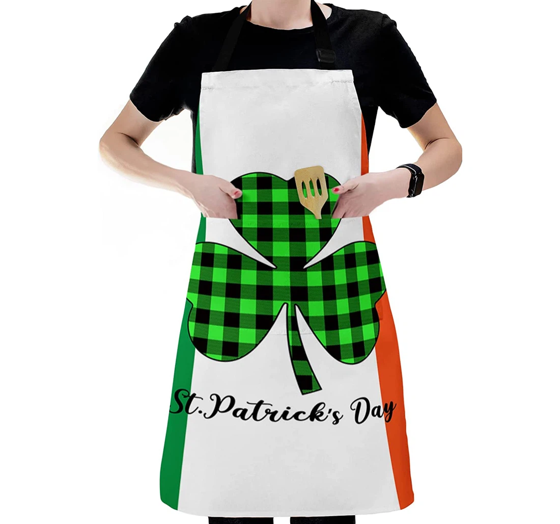 St Patrick's Day Clover Leaf Green Black Plaid Apron