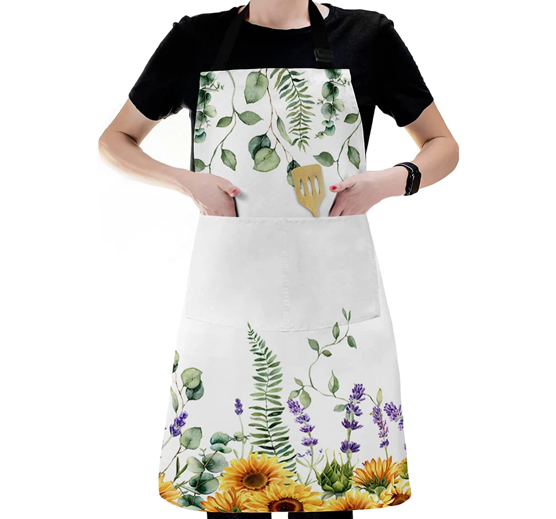 Sunflower Eucalyptus Leaves Lavender White Apron