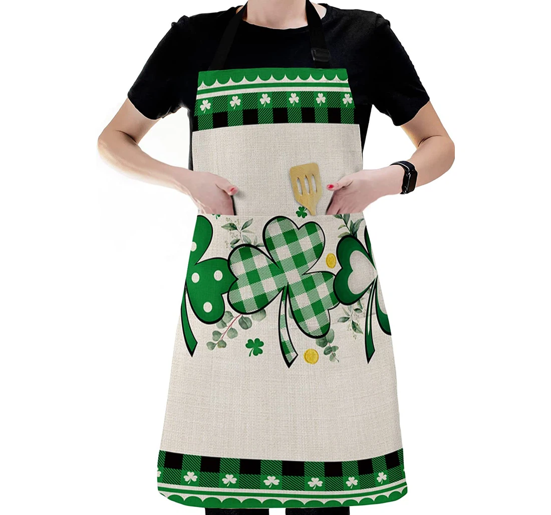 Lucky Buffalo Plaid Shamrock Retro Linen Apron