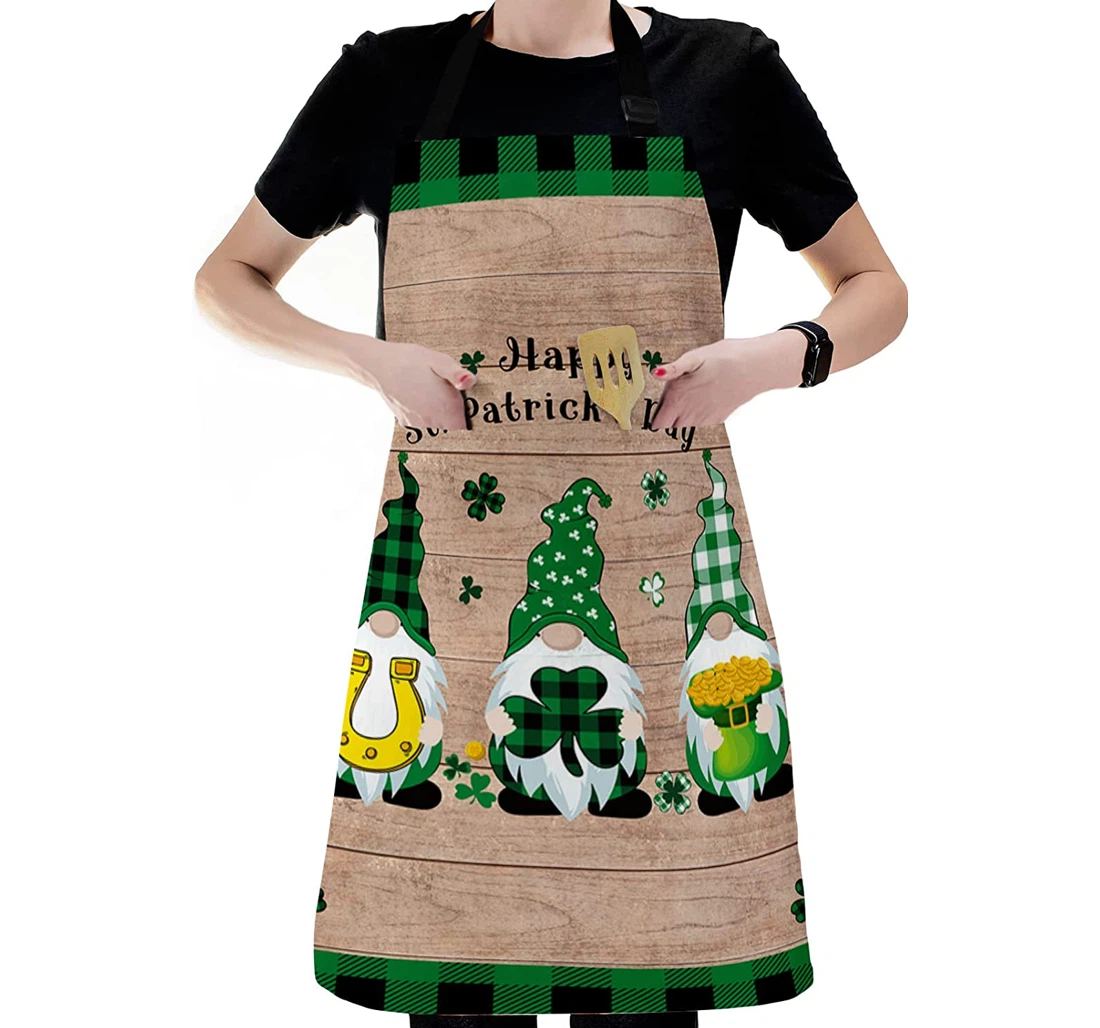 St Patrick's Day Cartoon Dwarf Buffalo Plaid Clover Leaf Server Cook Chef Apron