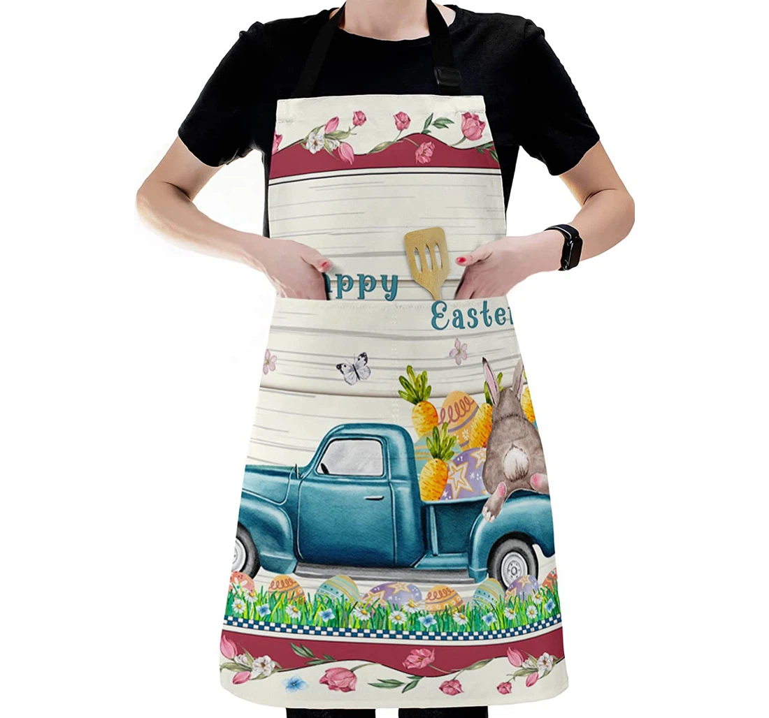 Retro Blue Farm Truck Easter Bunny Egg Apron