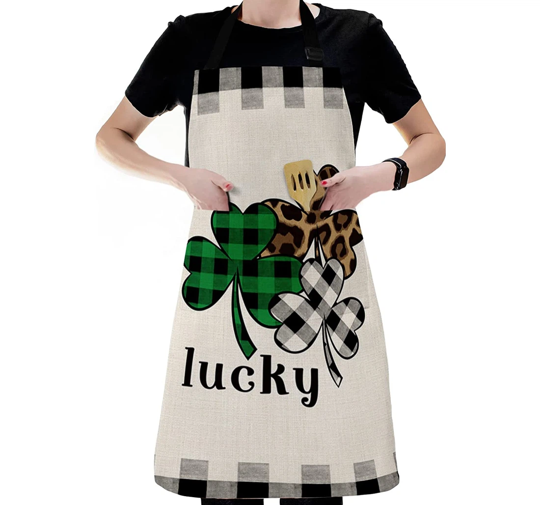 Black White Plaid Clover Leaf St Patrick's Day Apron