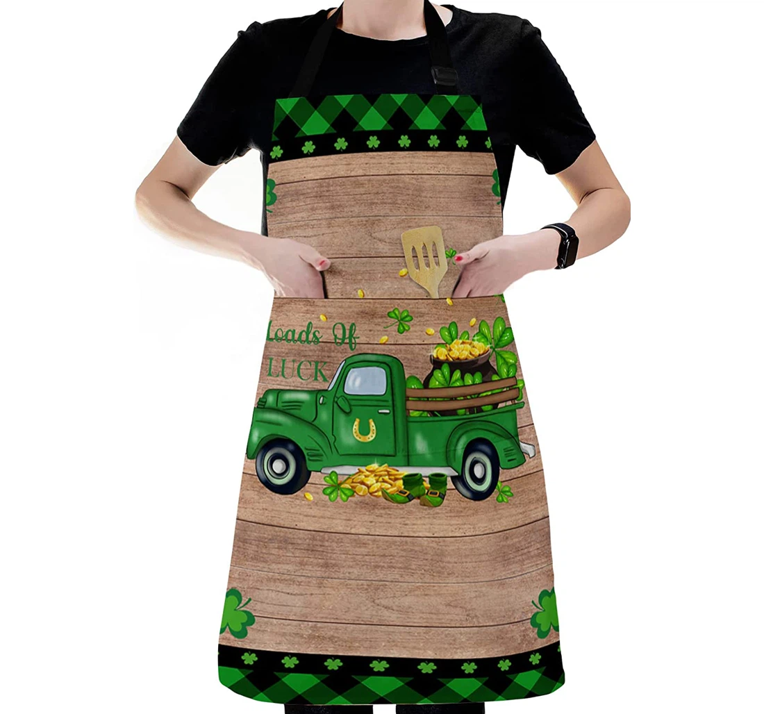 Cartoon Green Truck St Patrick's Day Clover Leaf Apron