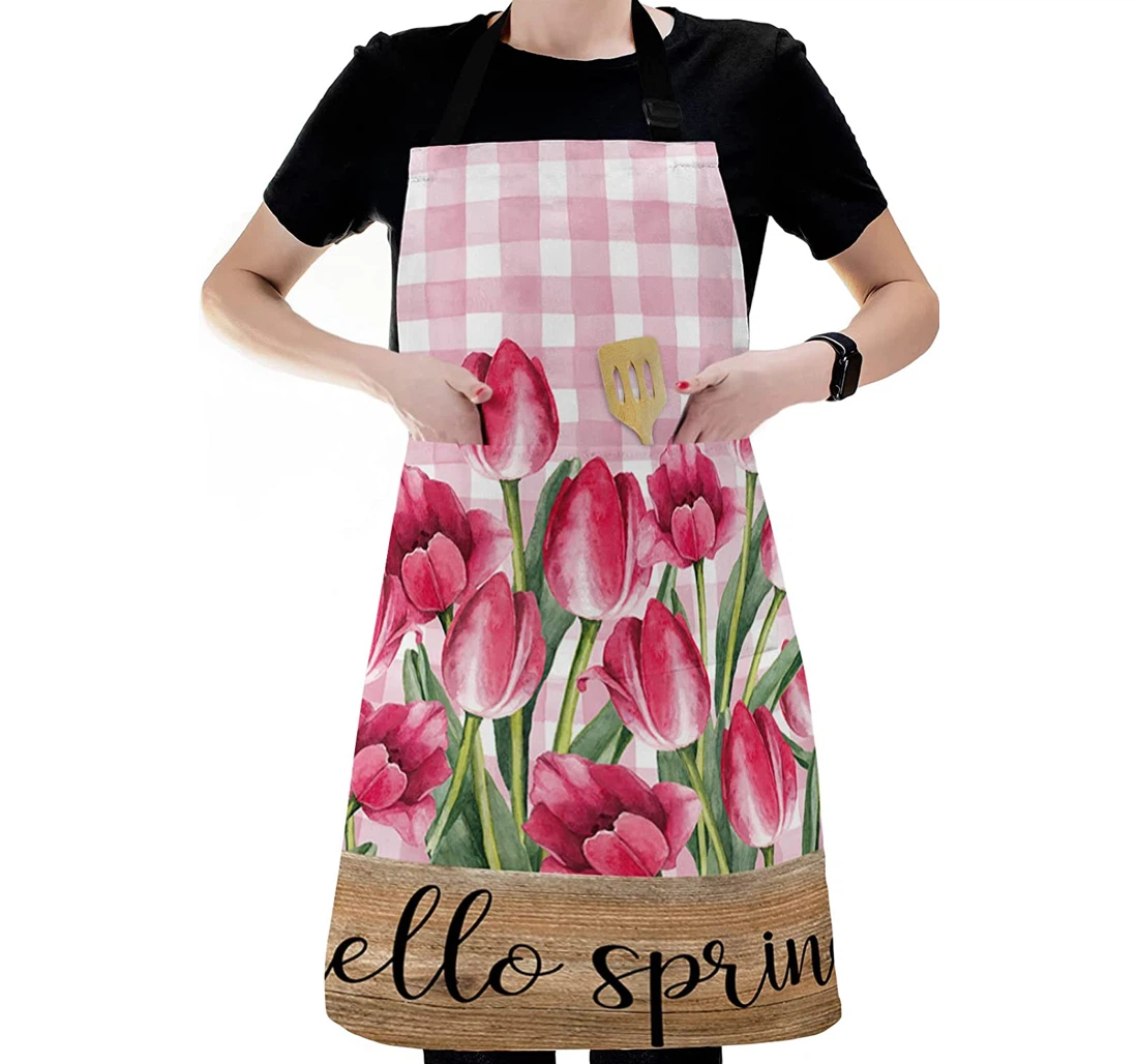 Tulips Spring Flower Pink Buffalo Plaid Apron