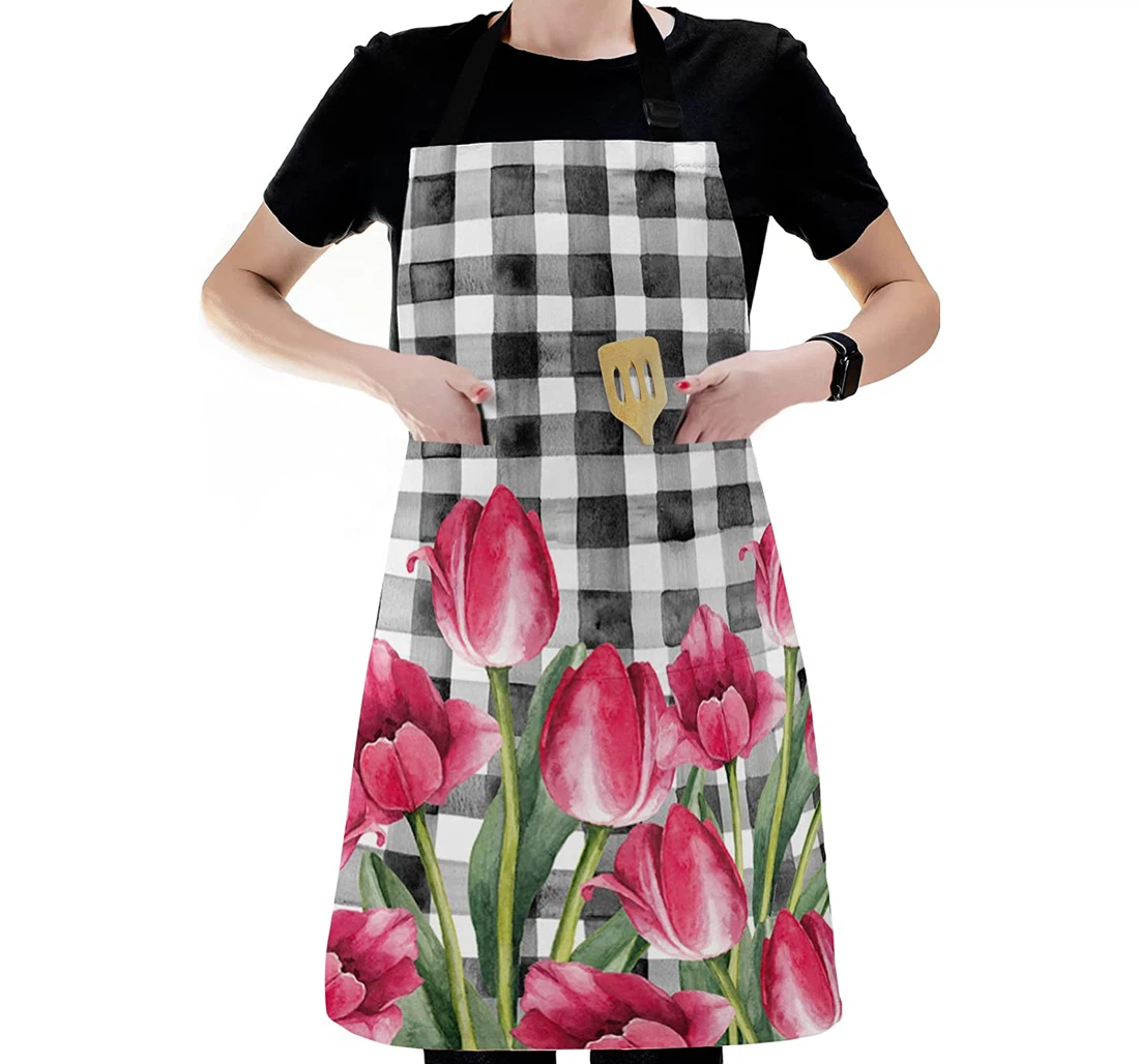 Spring Tulips Black White Plaid Apron