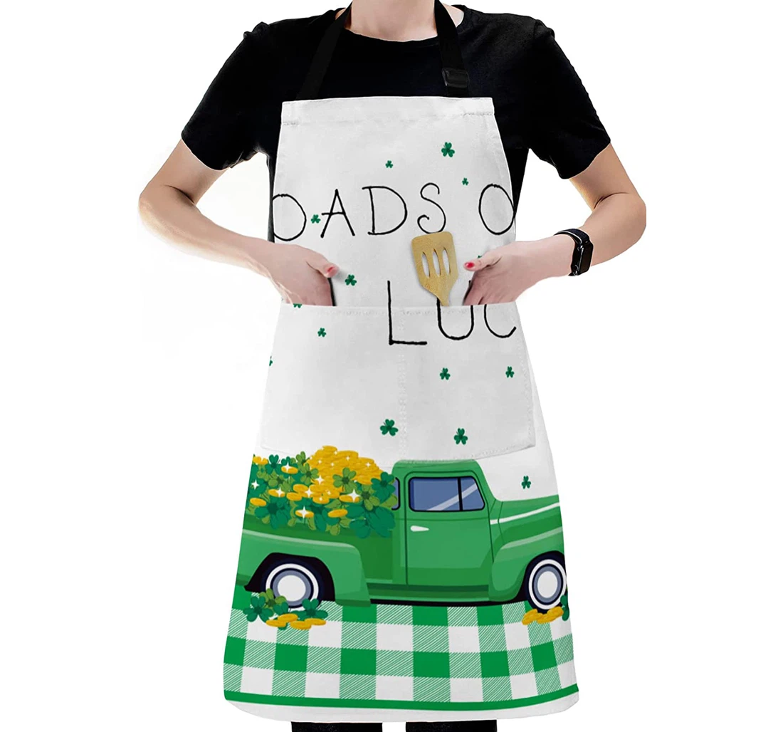 Green Farm Truck St Patrick's Day Clover Leaf White Server Cook Chef Apron