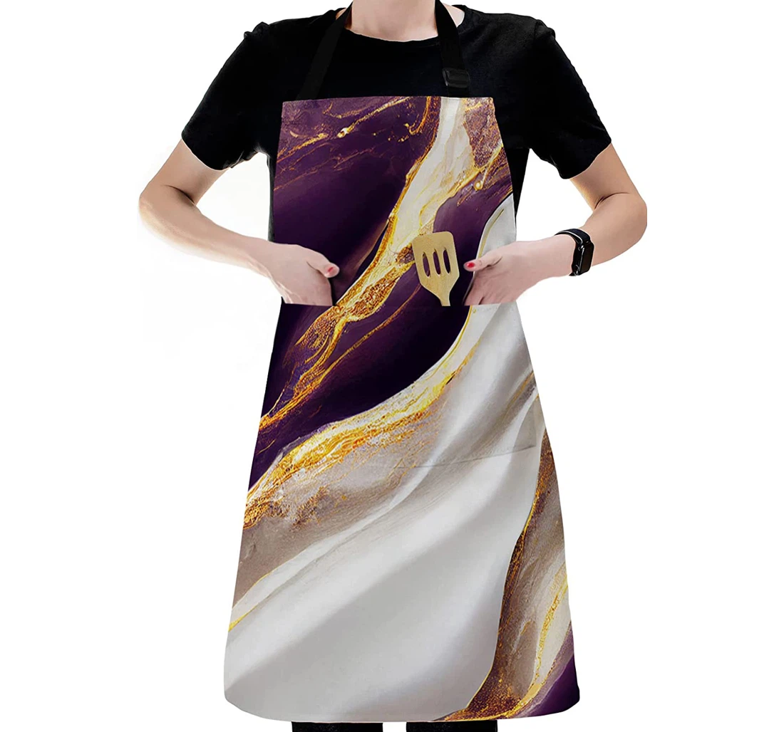 White Gold Purple Gradient Marble Wave Apron