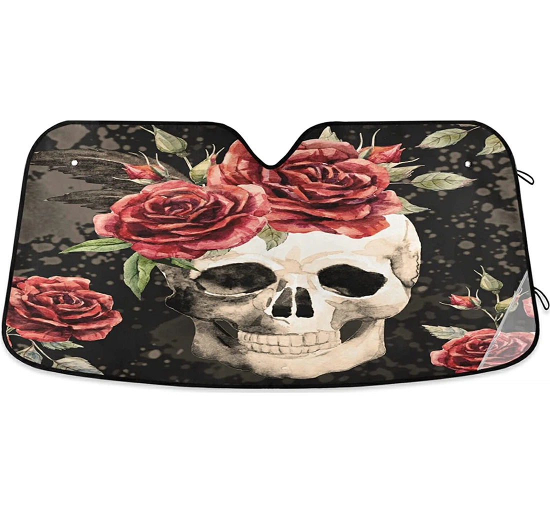 Gothic Sugar Skull Rose Flower Floral Halloween Auto Sun Shade