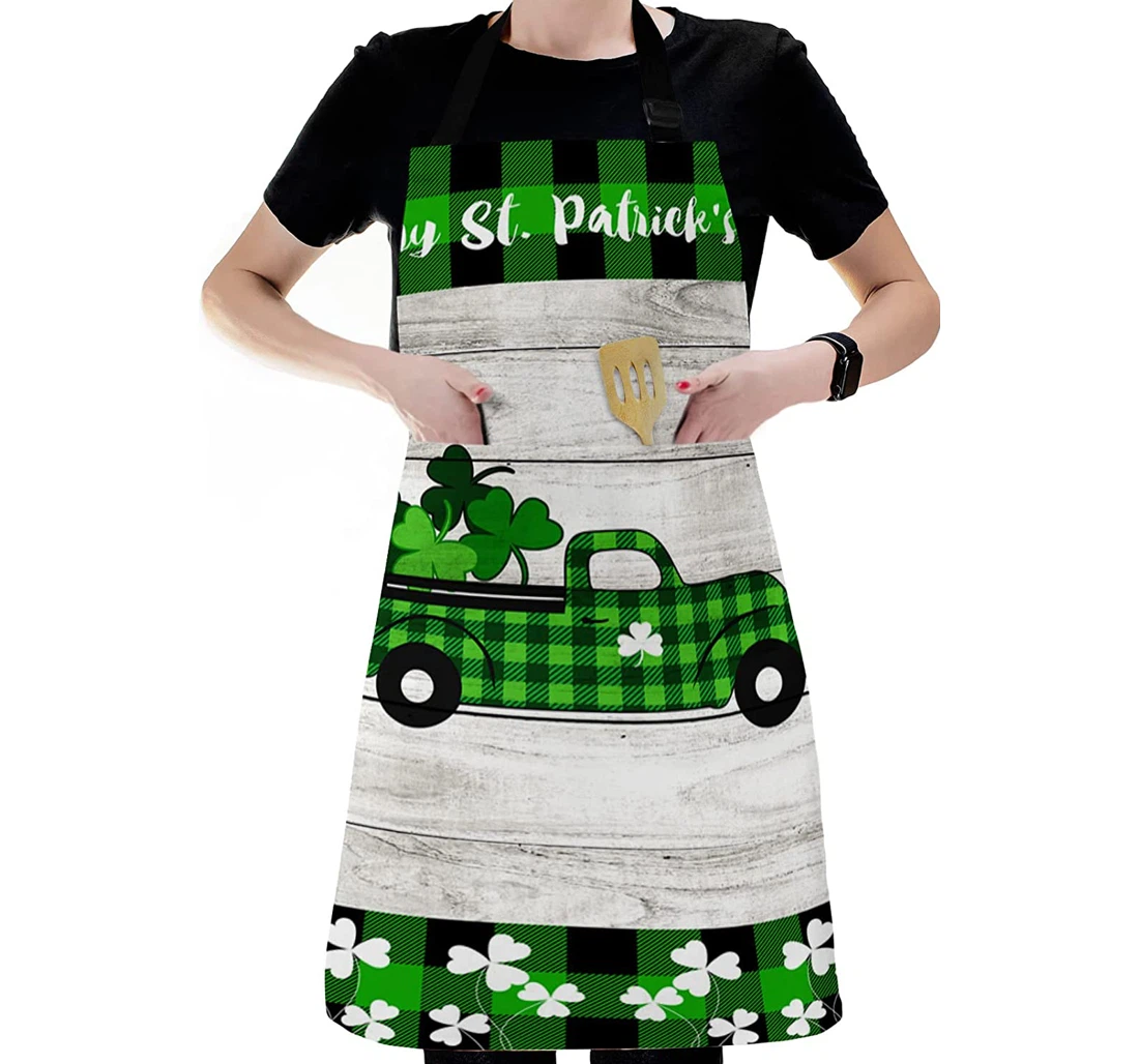 St Patrick's Day Green Plaid Farm Truck Clover Leaf Server Cook Chef Apron