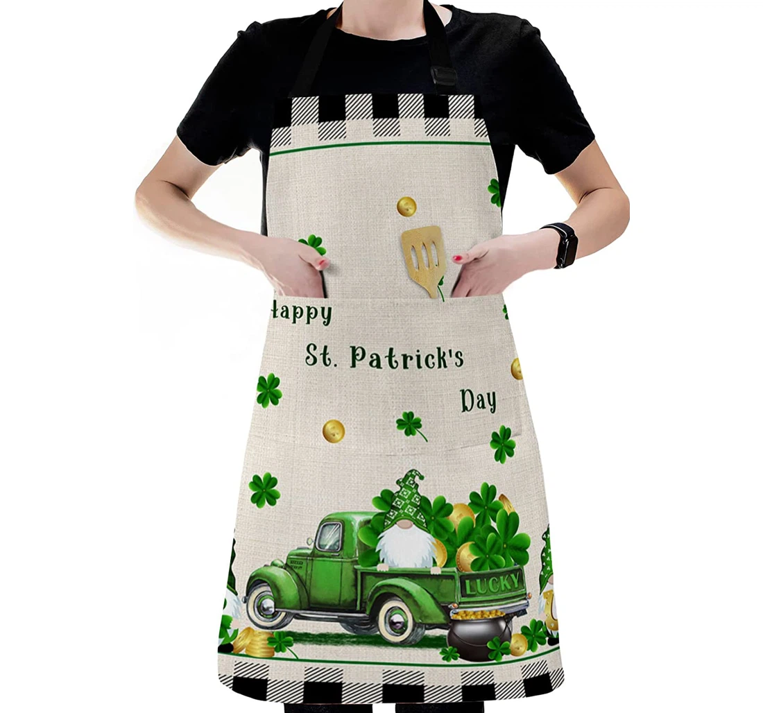 St Patrick's Day Farm Truck Gnome Clover Leaf Apron