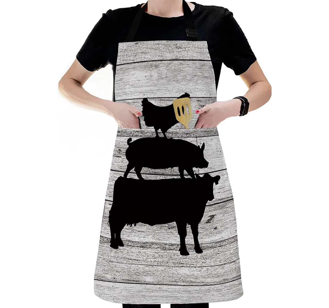 Country Cow Pig Cock Shadow Wood Board Apron