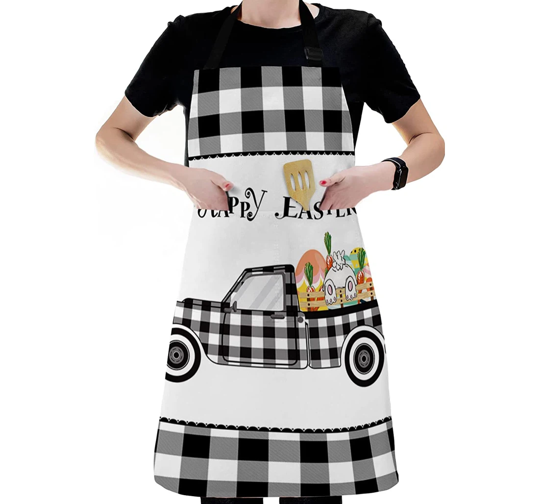 Happy Easter White Black Plaid Farm Truck Apron