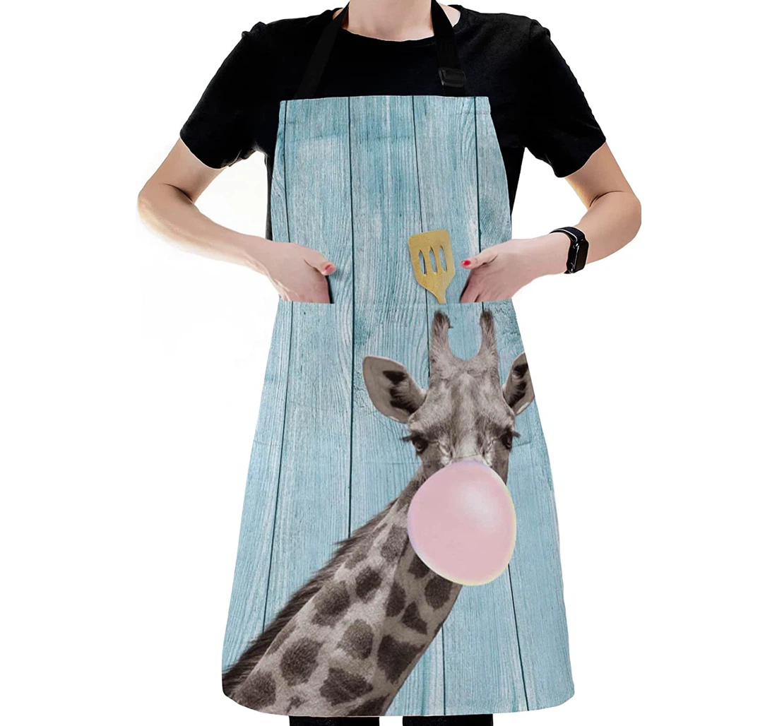 Giraffe Blow Bubbles Blue Retro Wood Board Apron