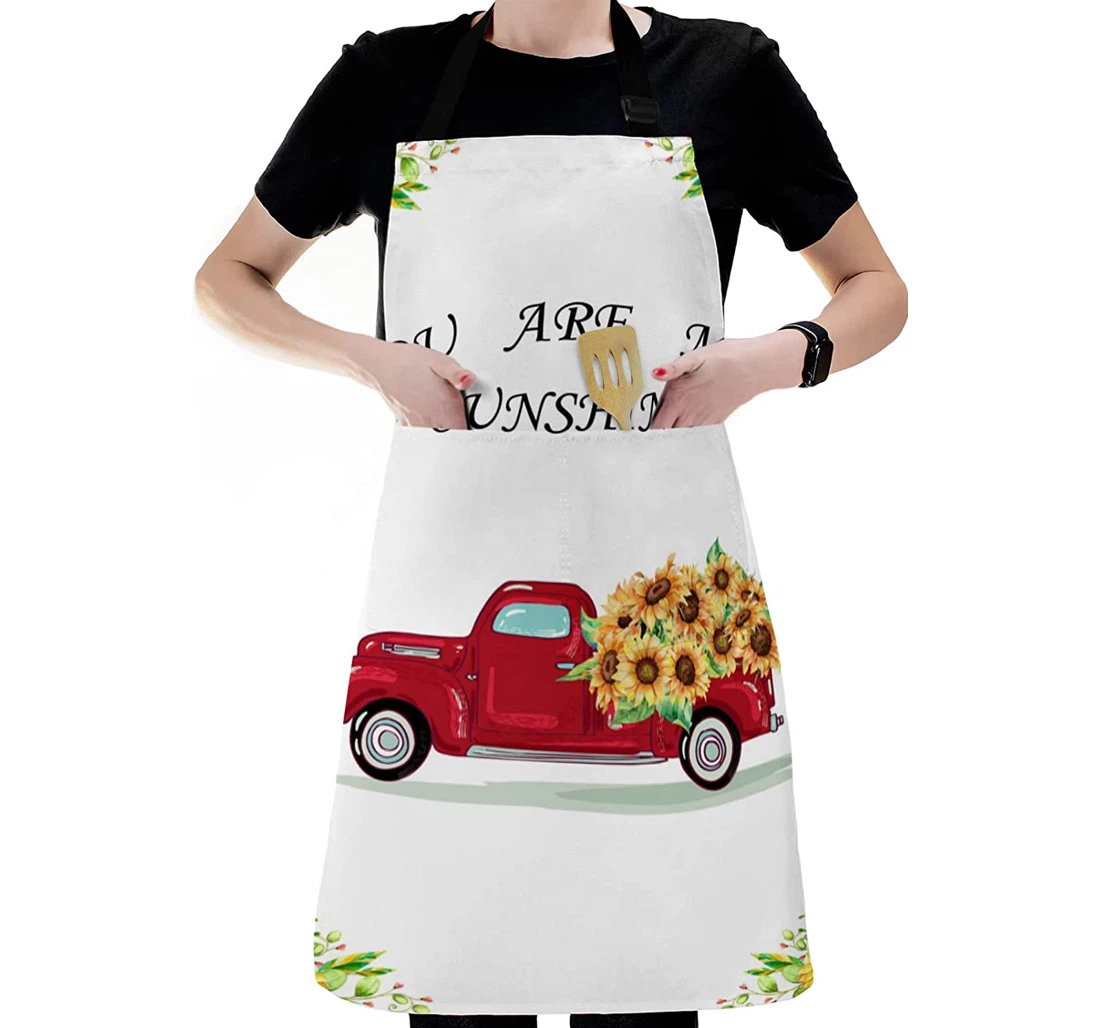 Red Farm Truck Sunflower White Apron