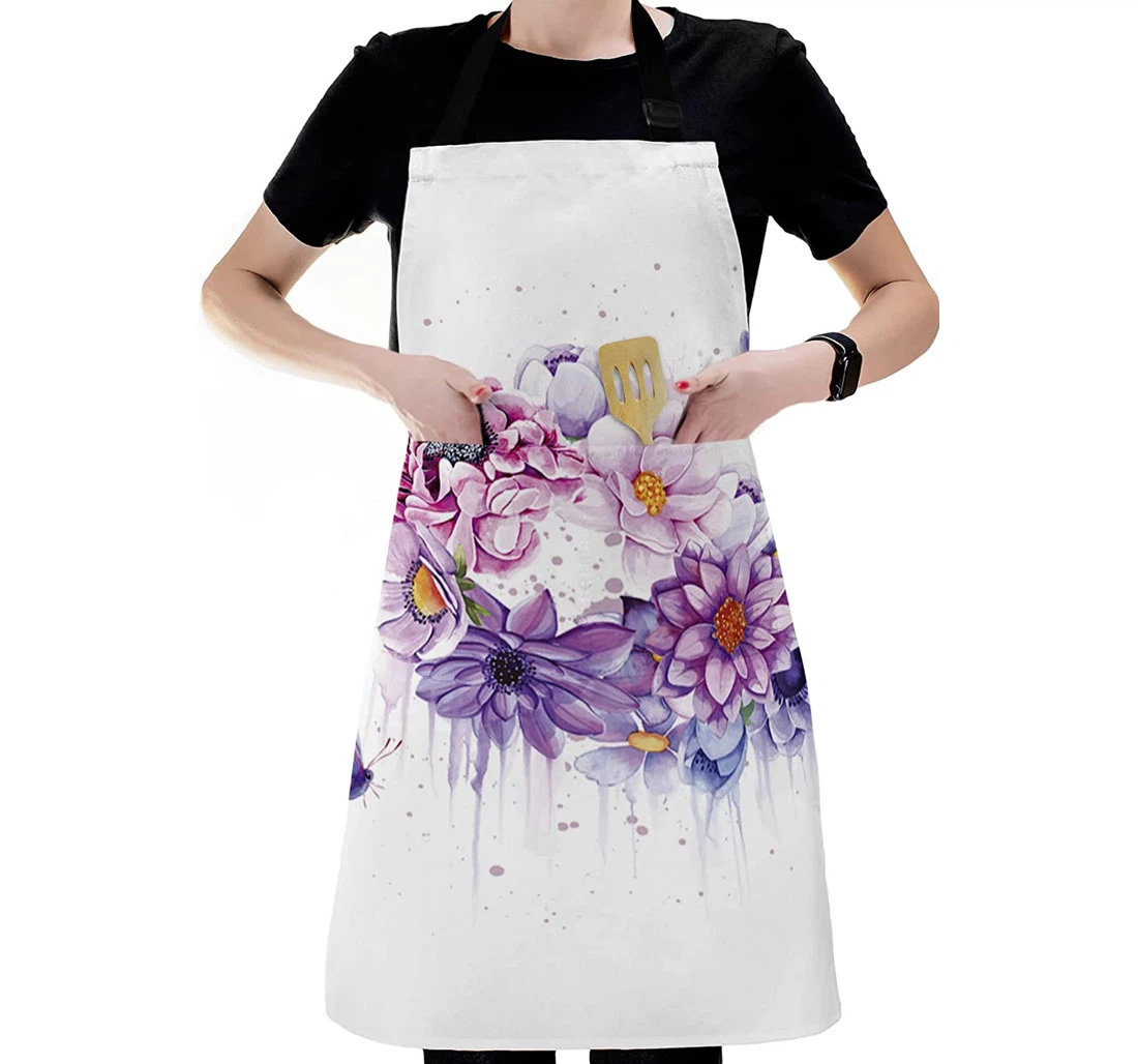 Spring Watercolor Purple Flower Butterfly Apron