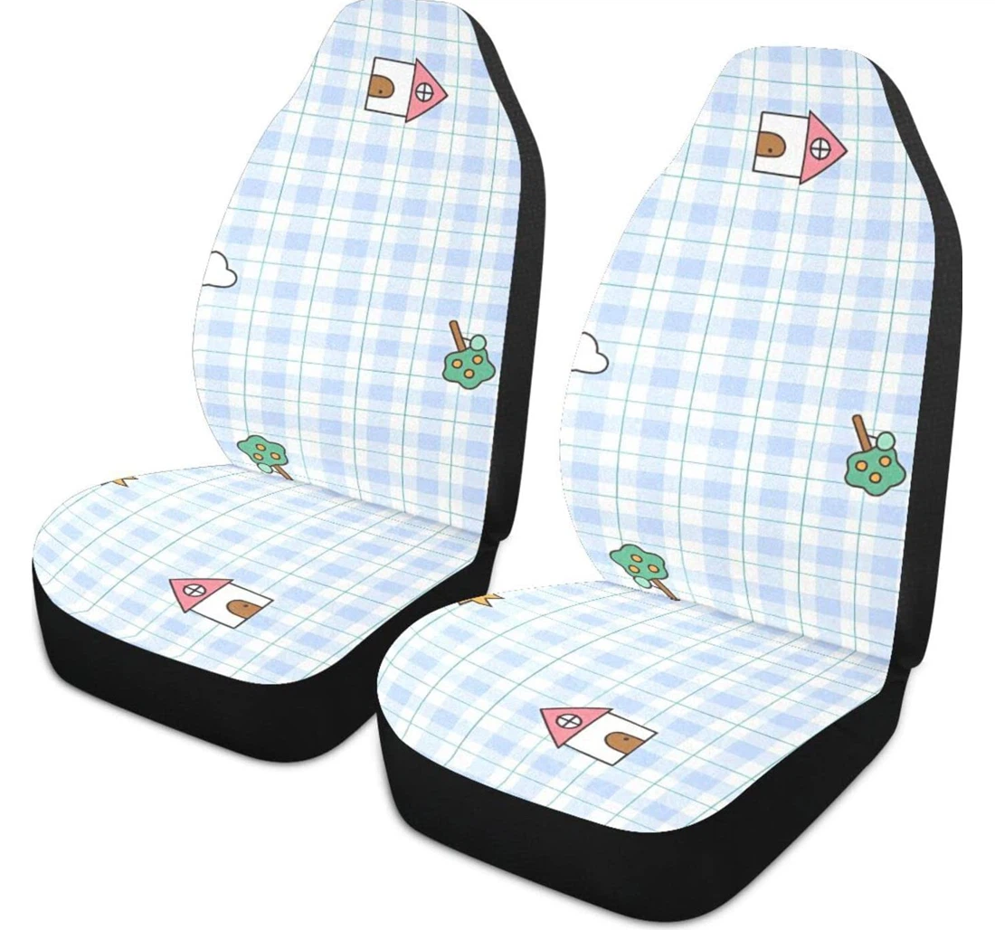 Cartoon Country House Plaid Universal Front Car Seat Cover