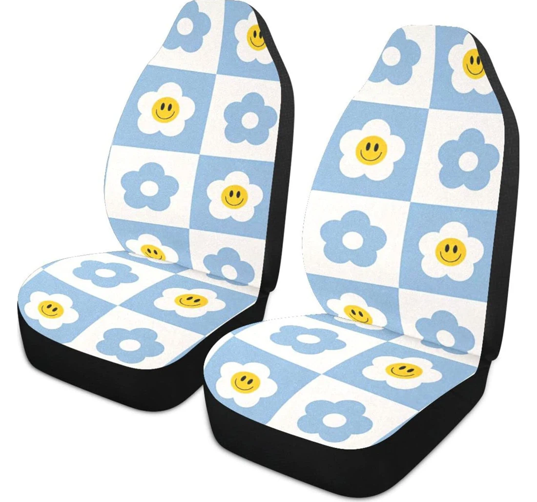 Blue White Daisies Plaid Universal Front Car Seat Cover