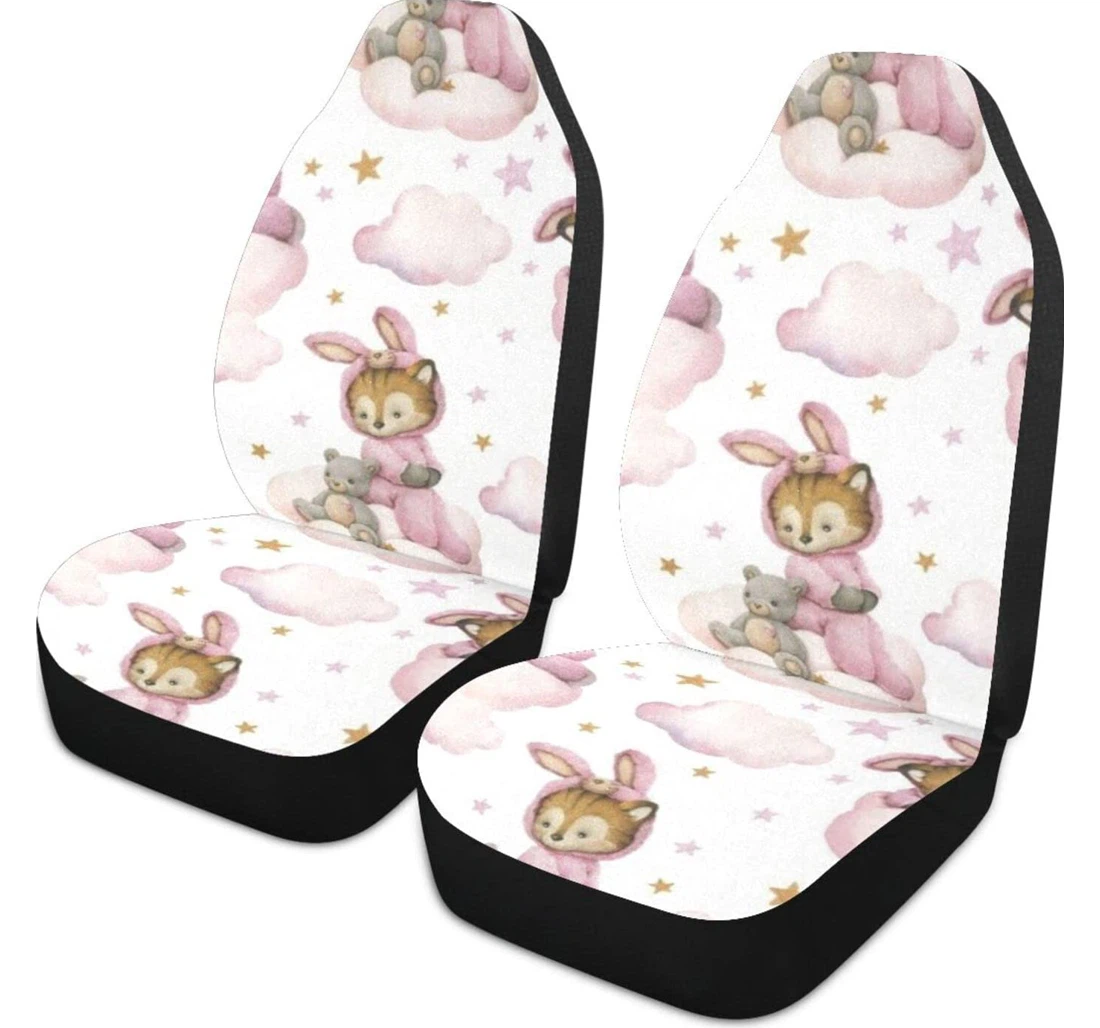 Pink Bunny And Bear Cartoon Universal Front Car Seat Cover