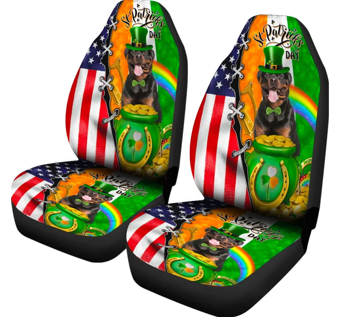 Rottweiler Dog Shamrock Gold Coins Happy Saint Patrick's Universal Front Car Seat Cover
