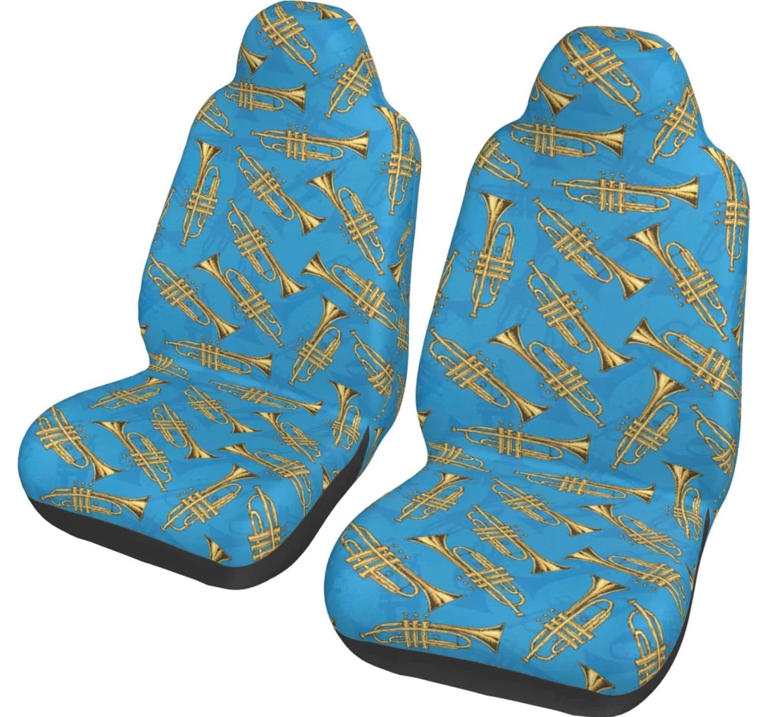 Golden Trombones Of Music Notes Pattern Universal Front Car Seat Cover