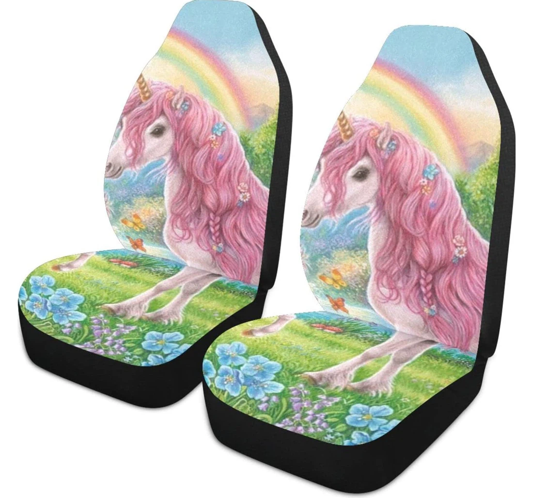 Rainbow Flower Unicorn Universal Front Car Seat Cover