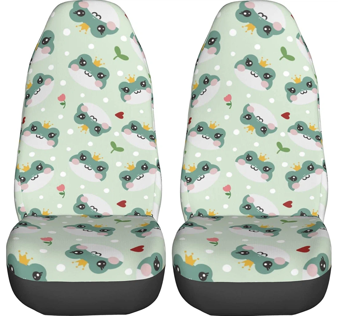 Cute Frog Face With Flowers Universal Front Car Seat Cover