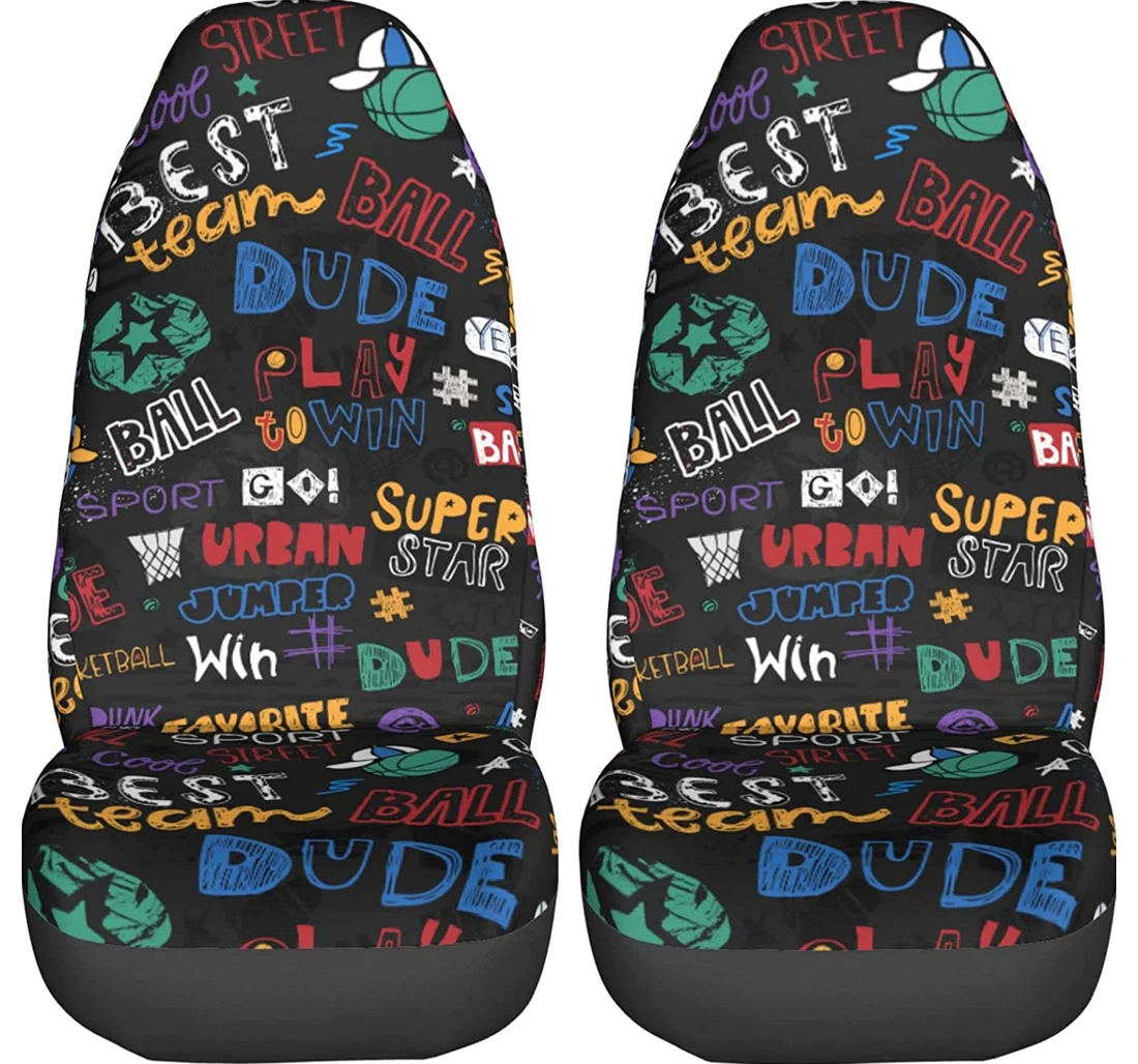 Sketch Basketball Pattern Universal Front Car Seat Cover