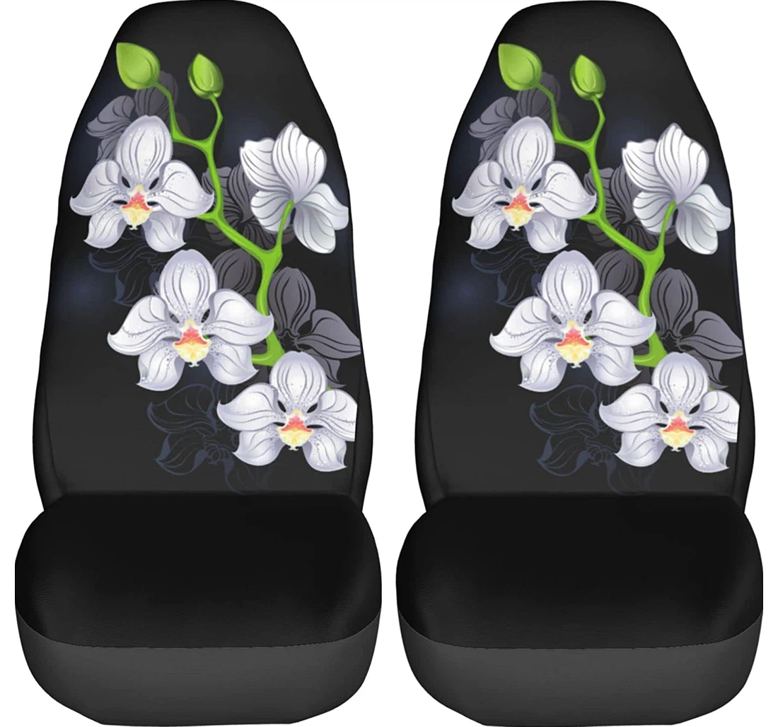 White Orchid On Black Universal Front Car Seat Cover