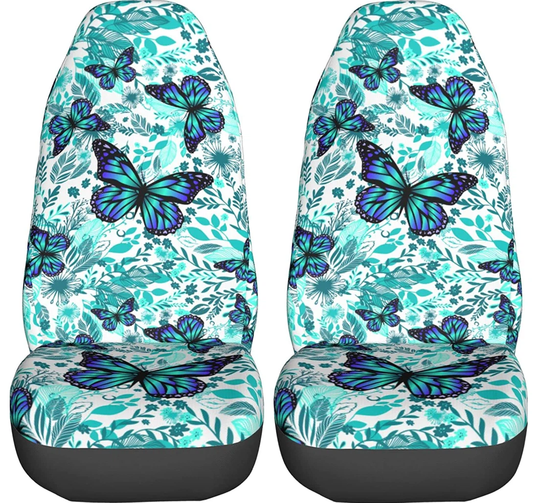 Blue Floral Background With Butterflies Universal Front Car Seat Cover