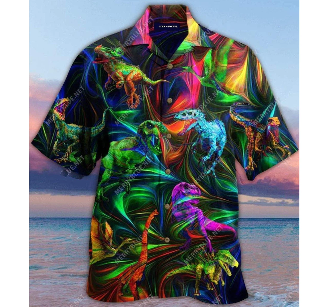 Personalized Amazing Colorful T Rex Dinosaur Glowing V Hawaiian Shirt, Button Up Aloha Shirt For Men, Women